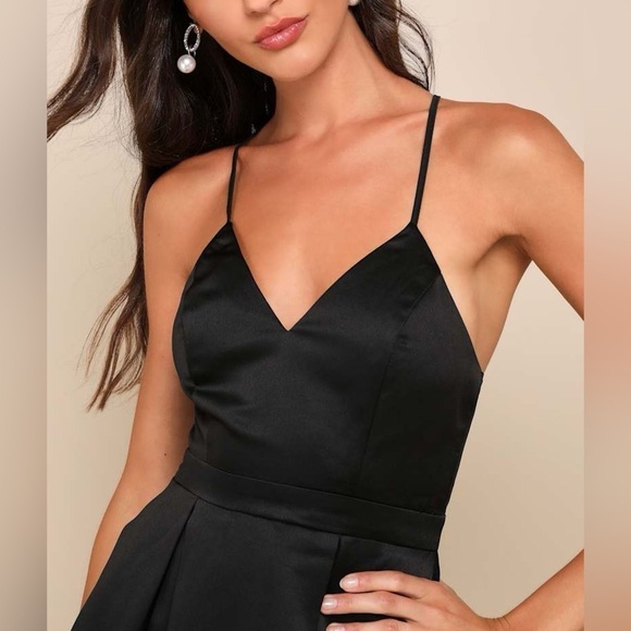 Lulus NWT Black Satin Be With You Black Skater Dress Size Medium - Picture 4 of 9